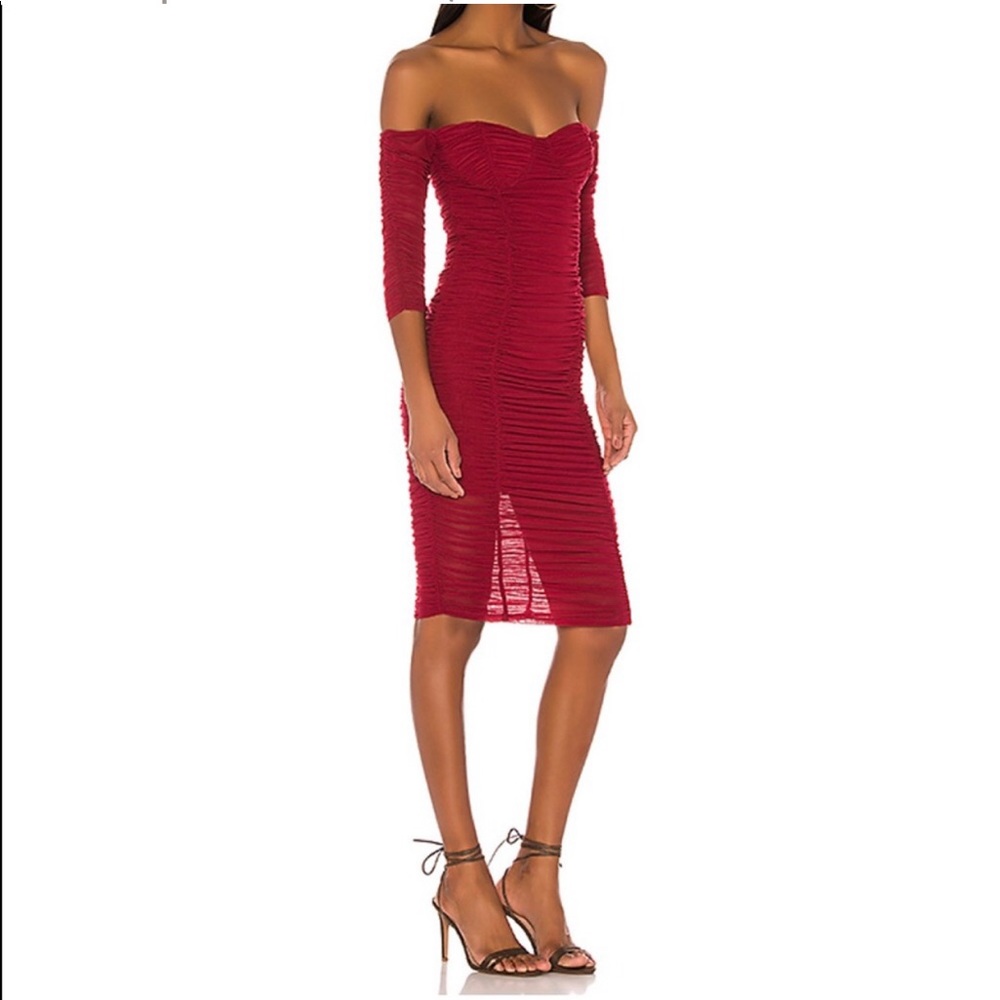 Revolve Majorelle cranberry red ruched midi dress